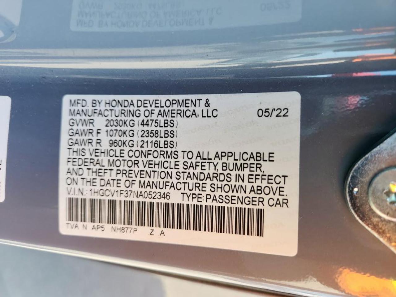 2022 Honda Accord Sport VIN: 1HGCV1F37NA052346 Lot: 80839745