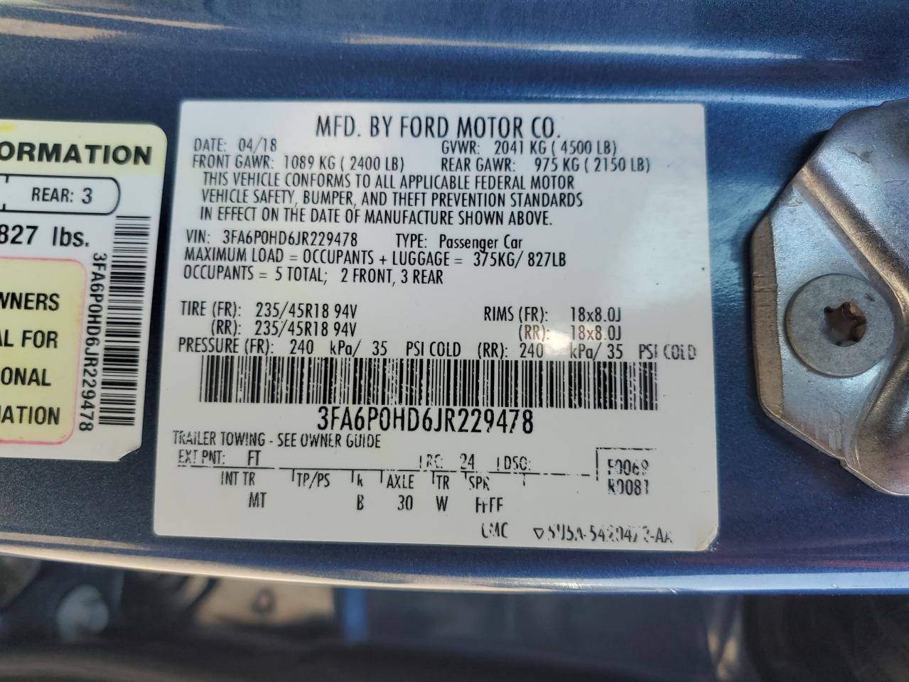 2018 Ford Fusion Se VIN: 3FA6P0HD6JR229478 Lot: 70852255