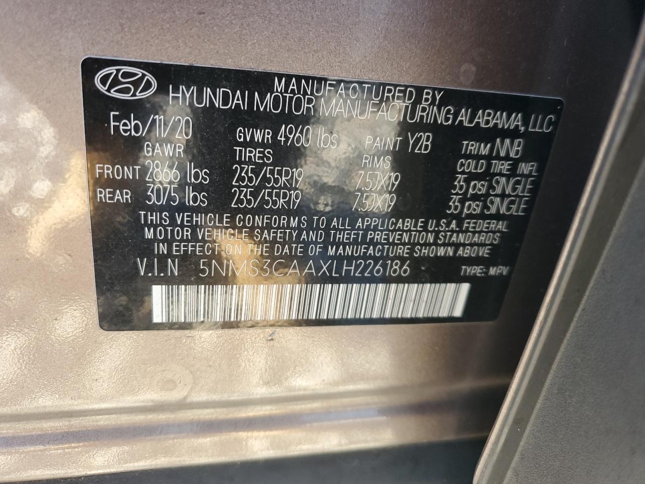 2020 Hyundai Santa Fe Sel VIN: 5NMS3CAAXLH226186 Lot: 81029015