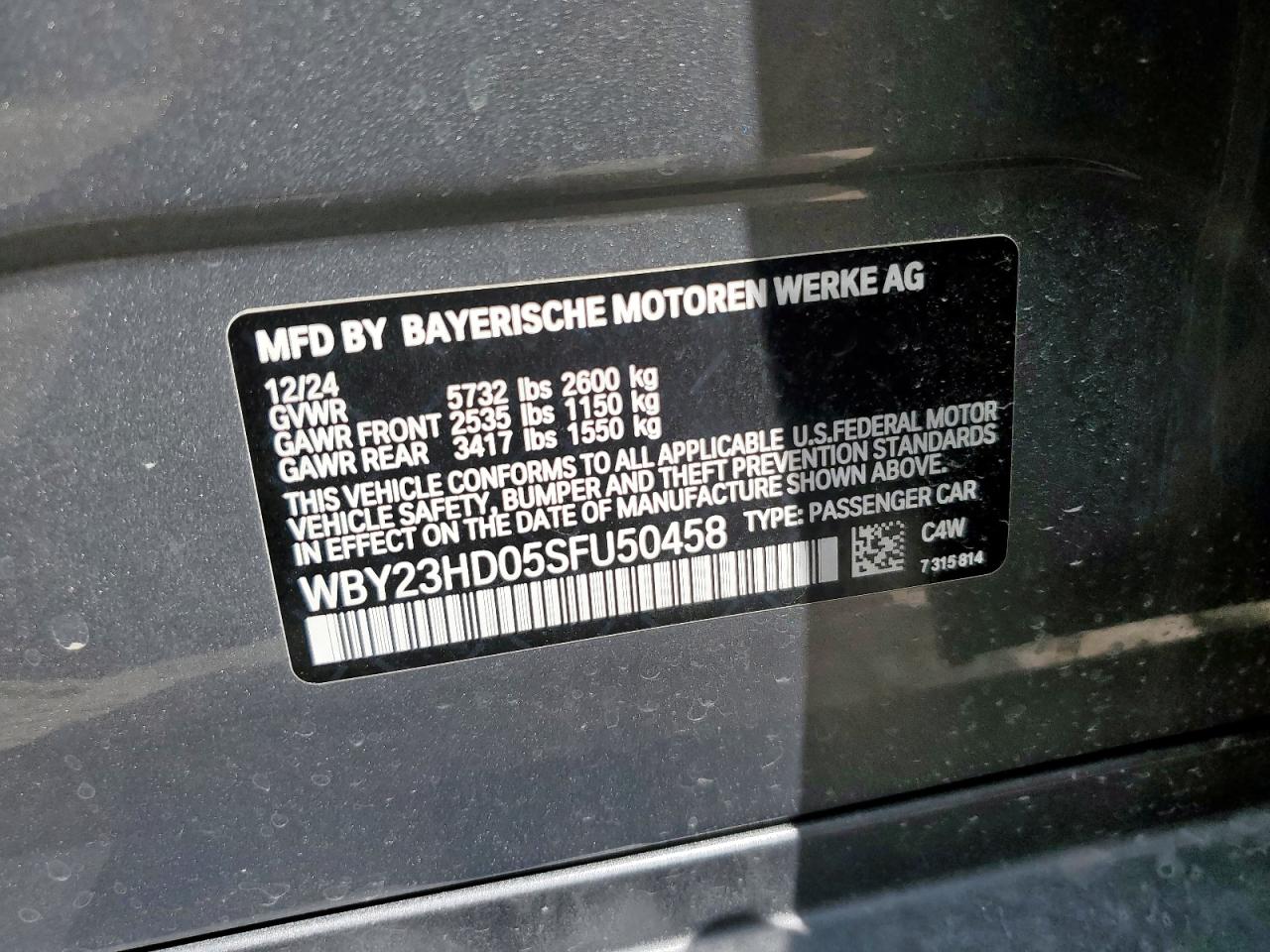 2025 BMW I4 Edrive 40 VIN: WBY23HD05SFU50458 Lot: 71461845