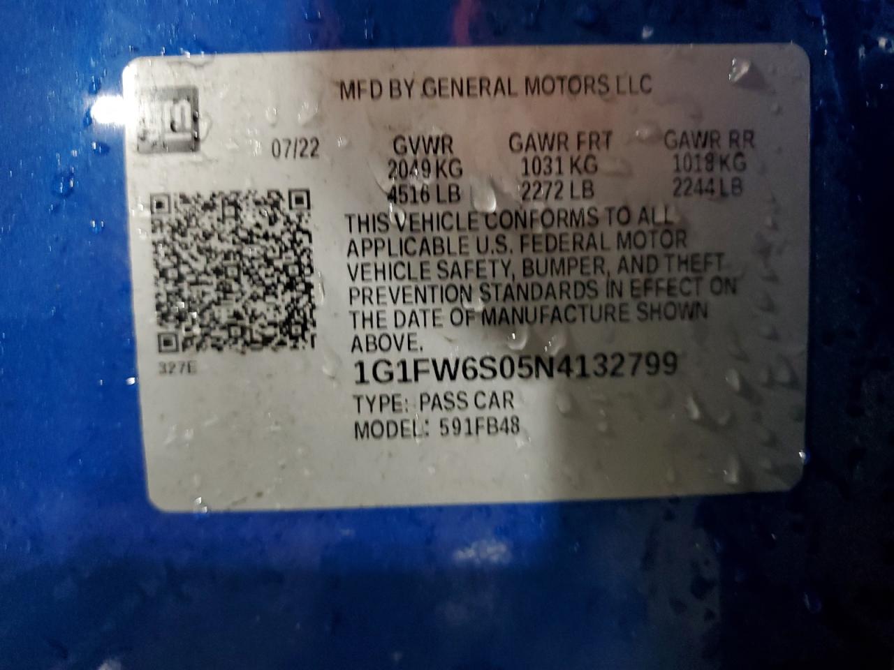 2022 Chevrolet Bolt Ev 1Lt VIN: 1G1FW6S05N4132799 Lot: 71442295