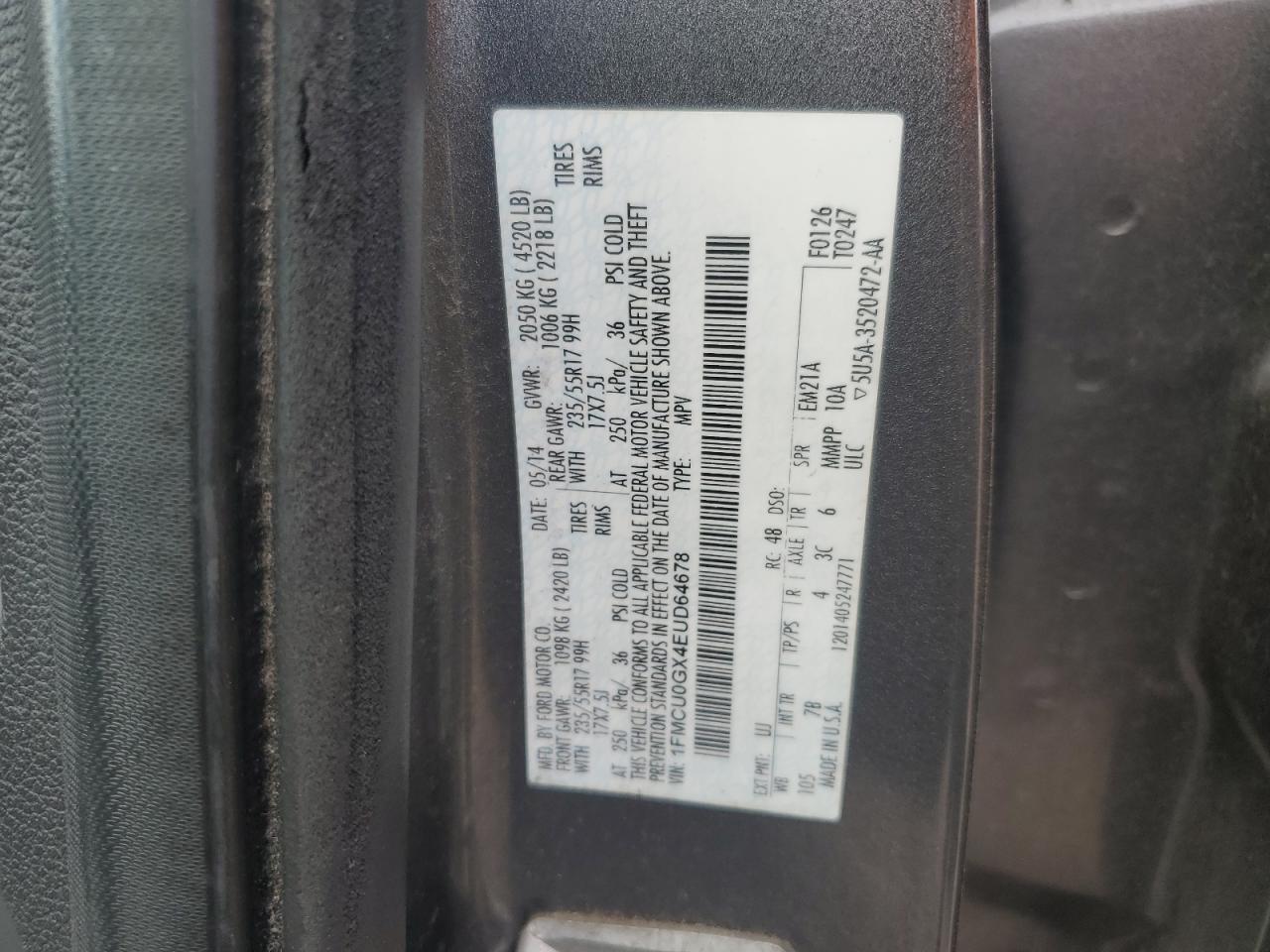 2014 Ford Escape VIN: 1FMCU0GX4EUD64678 Lot: 81718895