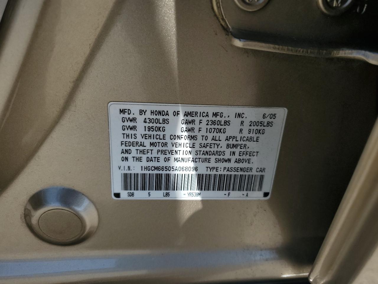 2005 Honda Accord Ex VIN: 1HGCM66505A068096 Lot: 71916175