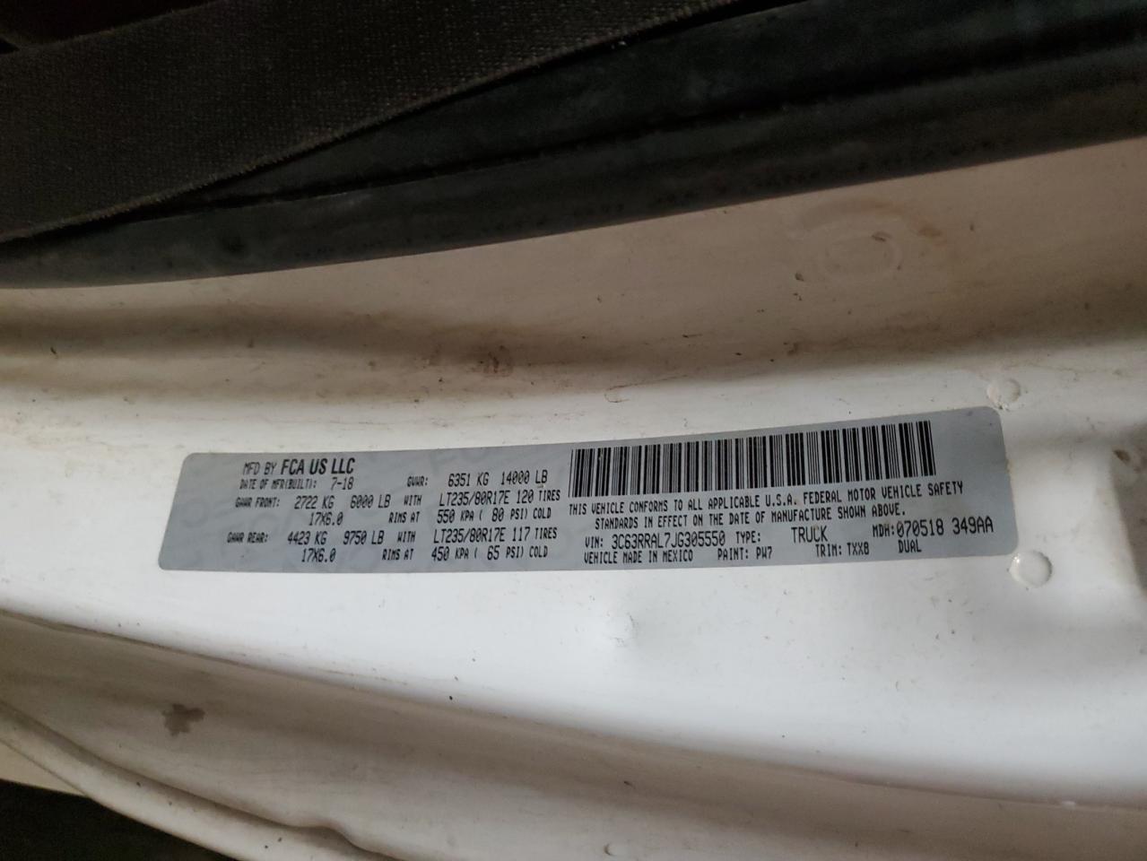 2018 Ram 3500 St VIN: 3C63RRAL7JG305550 Lot: 81630825