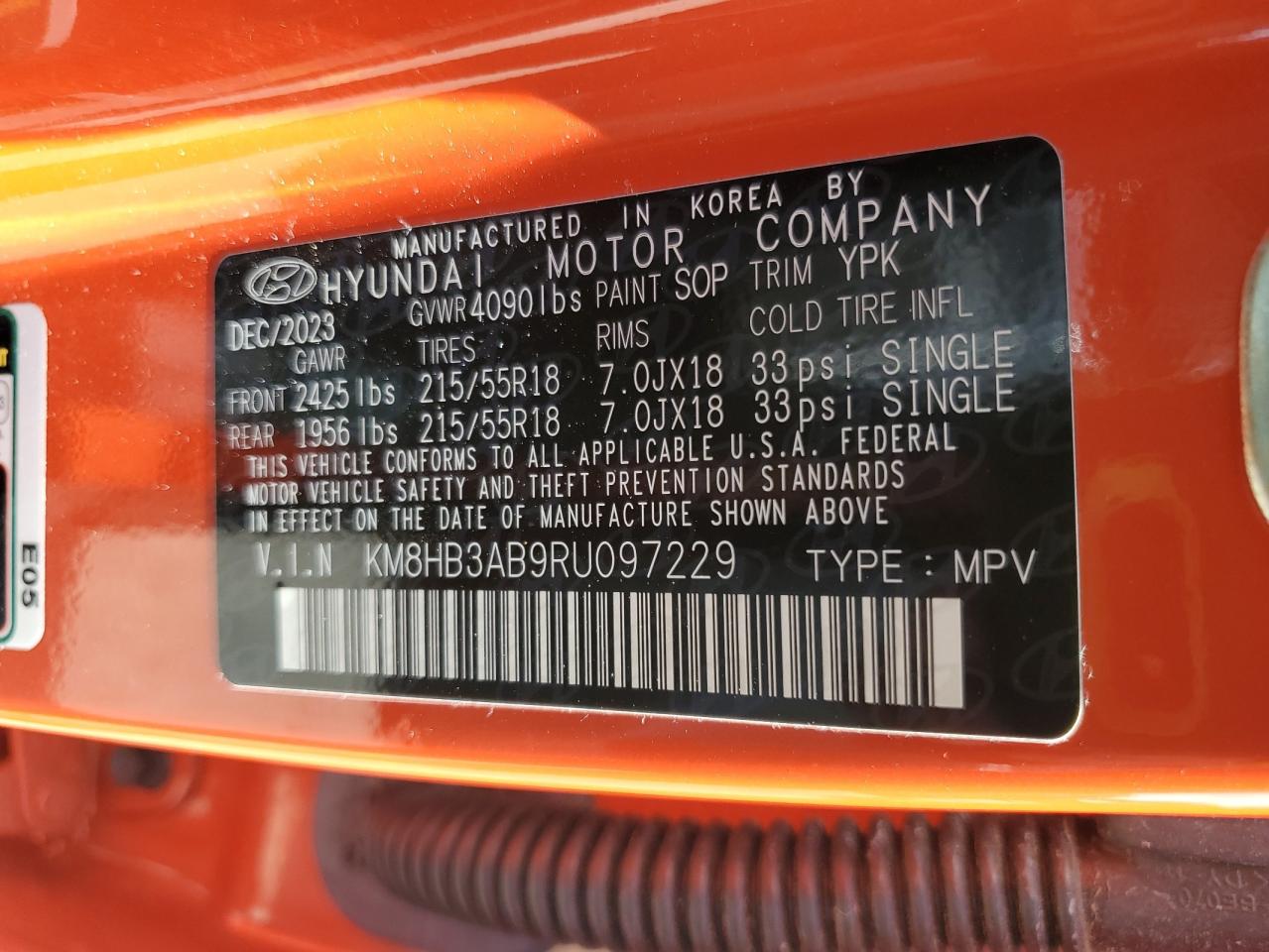 2024 Hyundai Kona Sel VIN: KM8HB3AB9RU097229 Lot: 85094285