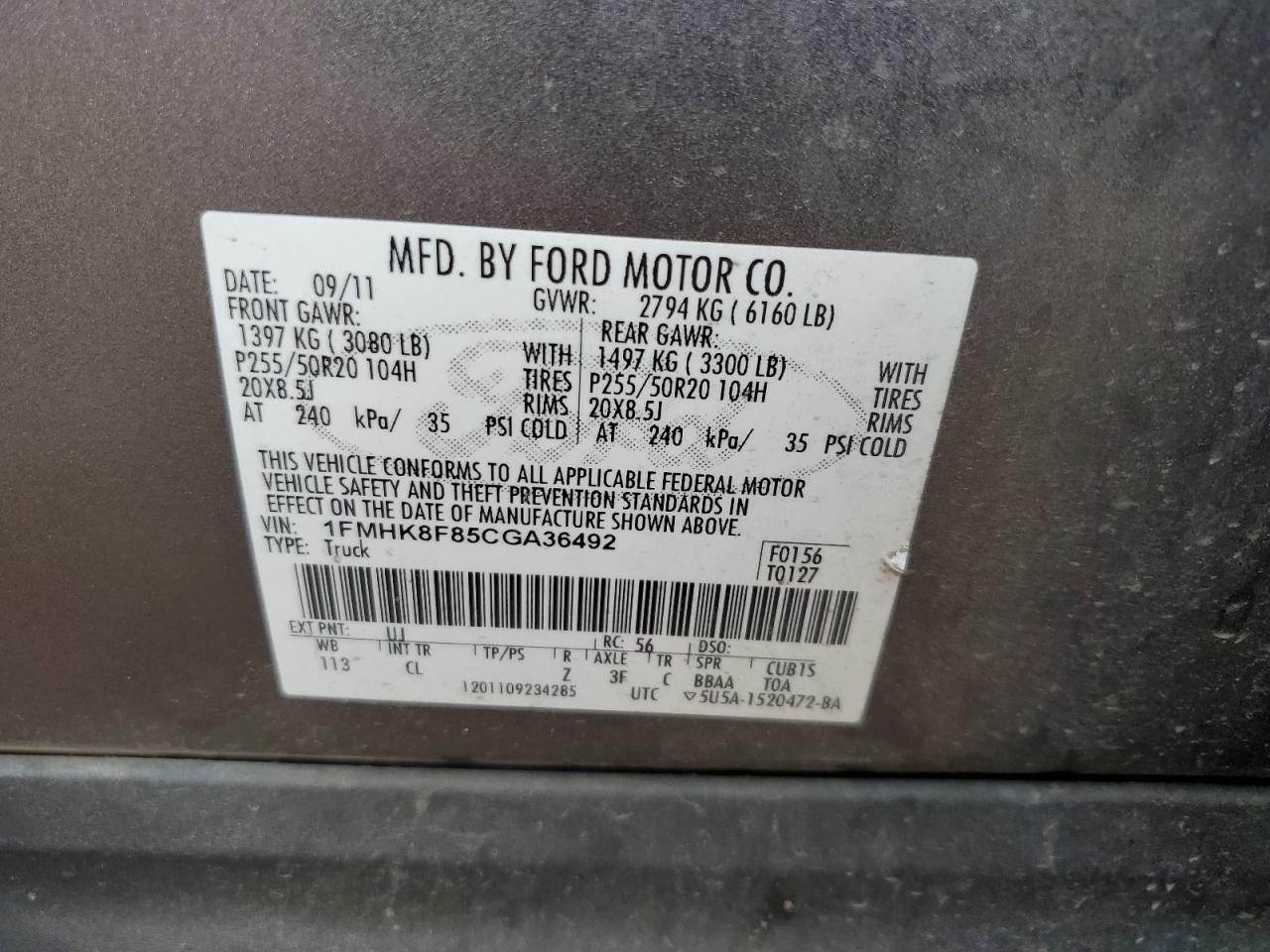 2012 Ford Explorer Limited VIN: 1FMHK8F85CGA36492 Lot: 72097885