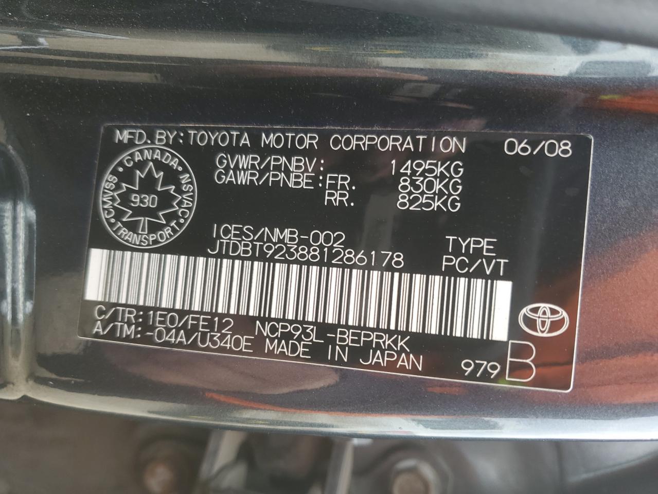 2008 Toyota Yaris VIN: JTDBT923881286178 Lot: 84588335