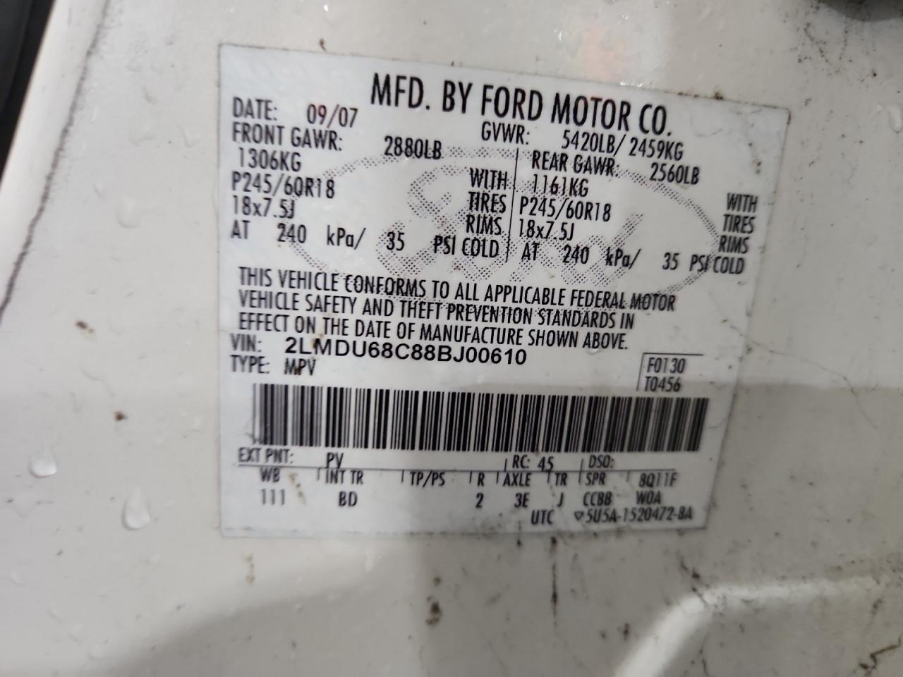 2008 Lincoln Mkx VIN: 2LMDU68C88BJ00610 Lot: 84267675