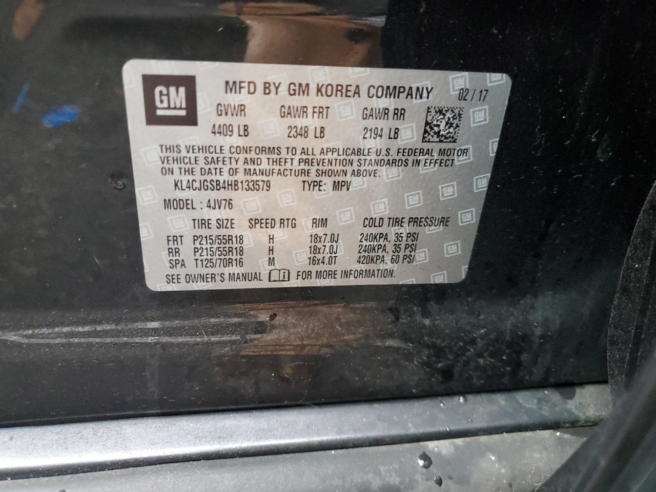 2017 Buick Encore Essence VIN: KL4CJGSB4HB133579 Lot: 81081785