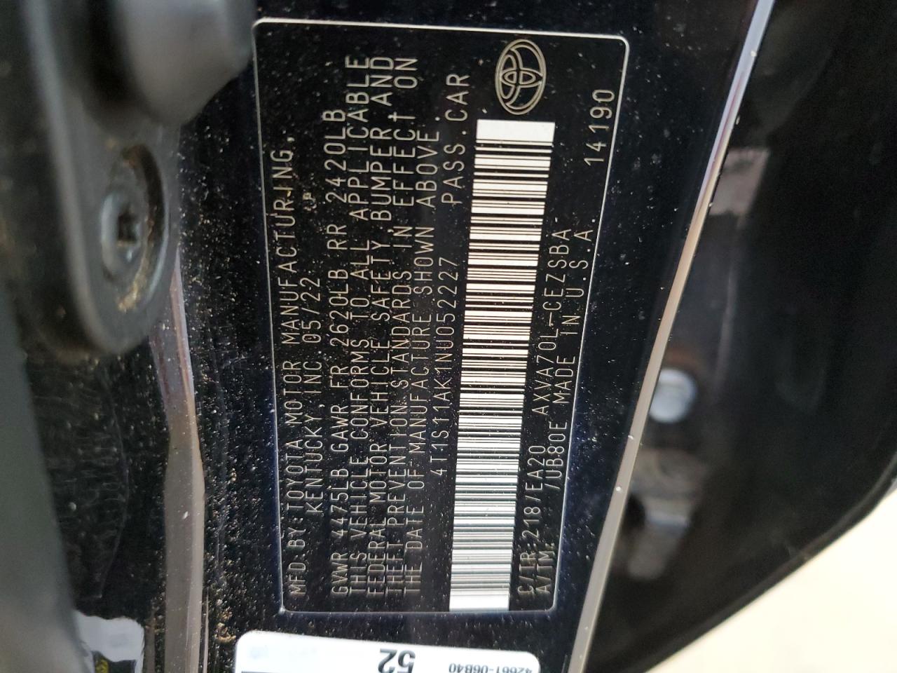 2022 Toyota Camry Night Shade VIN: 4T1S11AK1NU052227 Lot: 81237005
