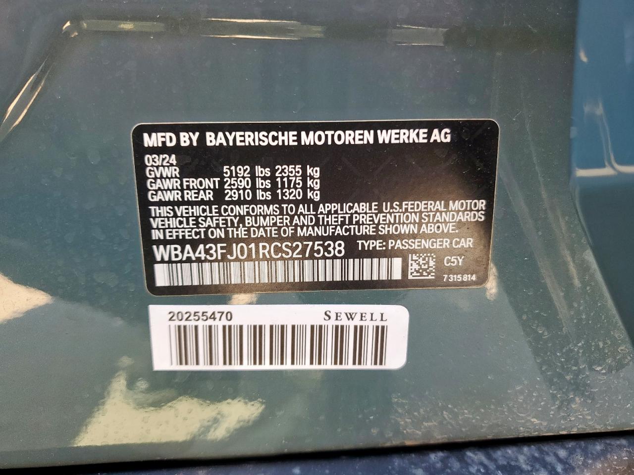2024 BMW 530 I VIN: WBA43FJ01RCS27538 Lot: 71988905