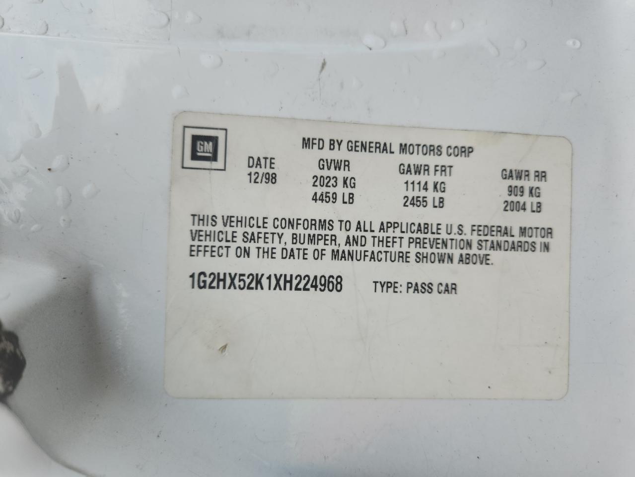 1999 Pontiac Bonneville Se VIN: 1G2HX52K1XH224968 Lot: 72067795