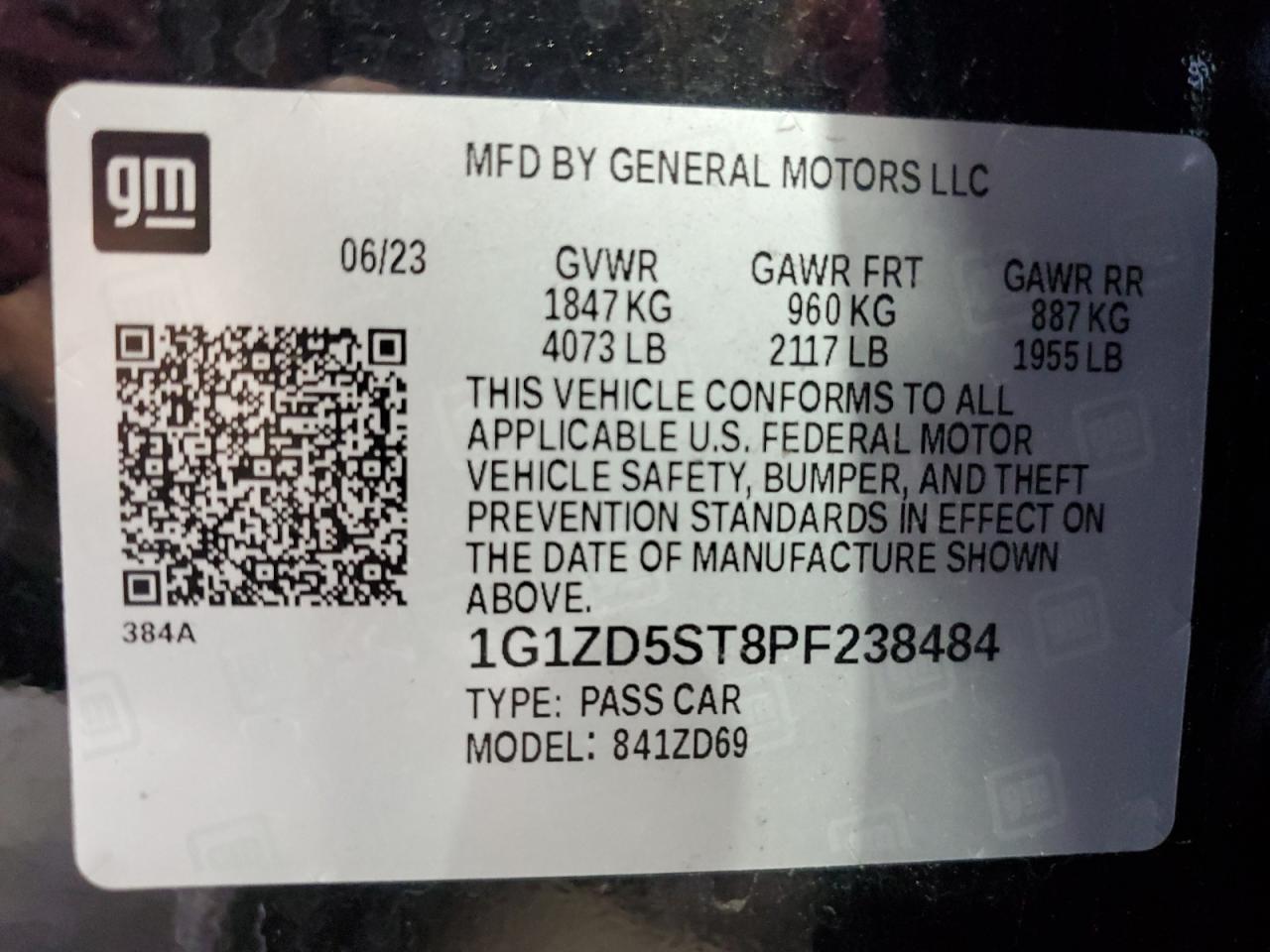 2023 Chevrolet Malibu Lt VIN: 1G1ZD5ST8PF238484 Lot: 84461995