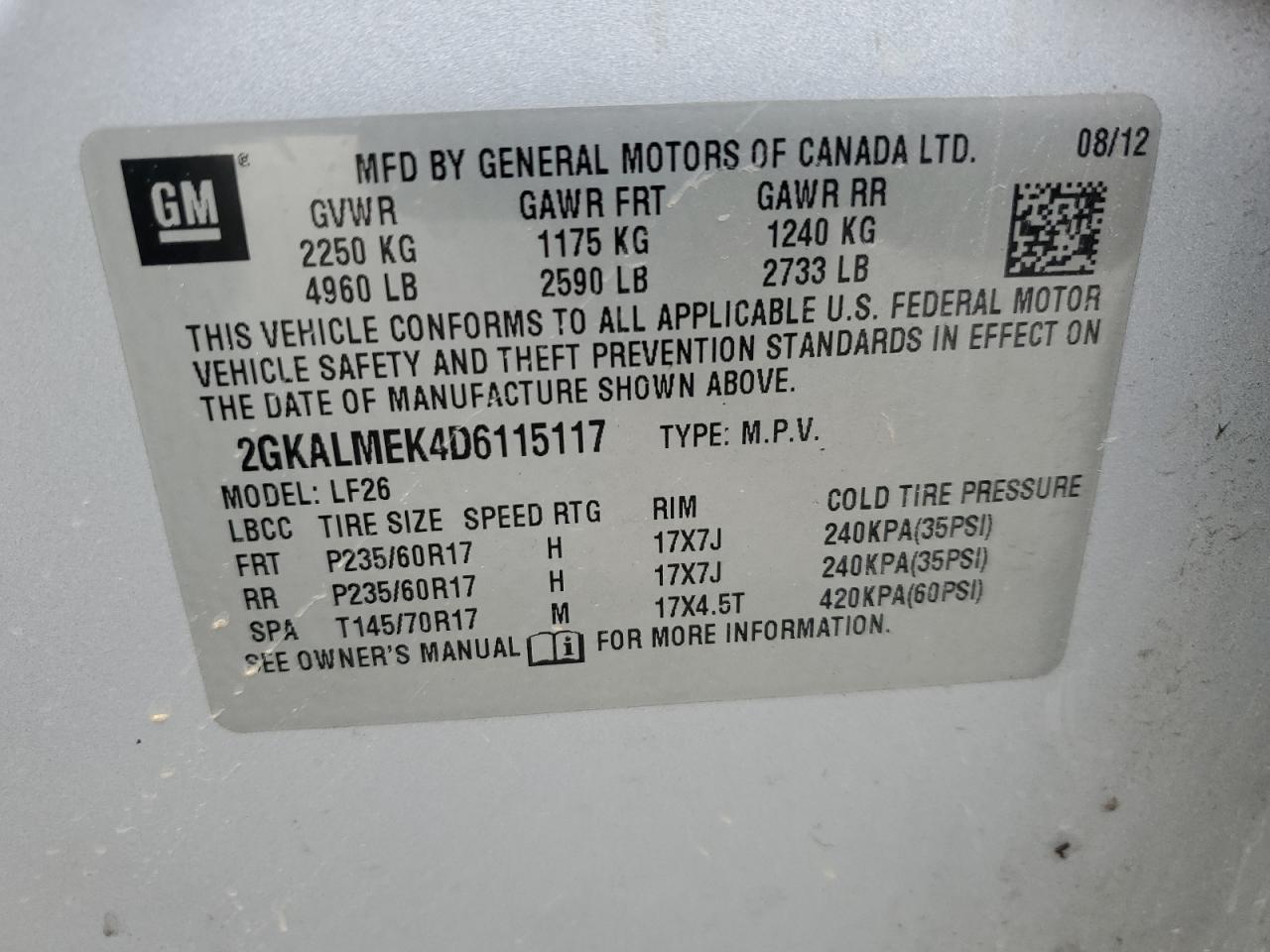 2013 GMC Terrain Sle VIN: 2GKALMEK4D6115117 Lot: 81305475