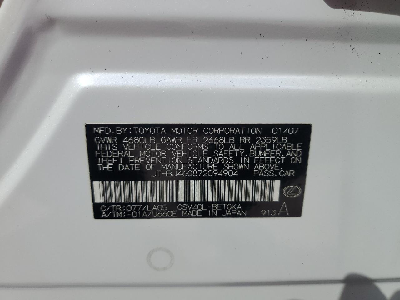 2007 Lexus Es 350 VIN: JTHBJ46G872094904 Lot: 81694095