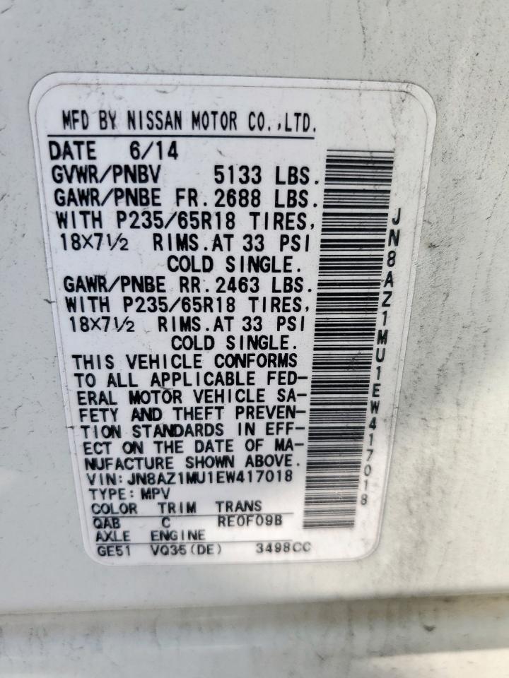 2014 Nissan Murano S VIN: JN8AZ1MU1EW417018 Lot: 80843435