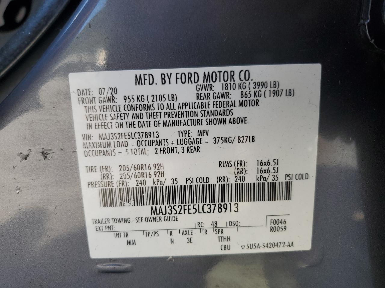 2020 Ford Ecosport S VIN: MAJ3S2FE5LC378913 Lot: 71983355