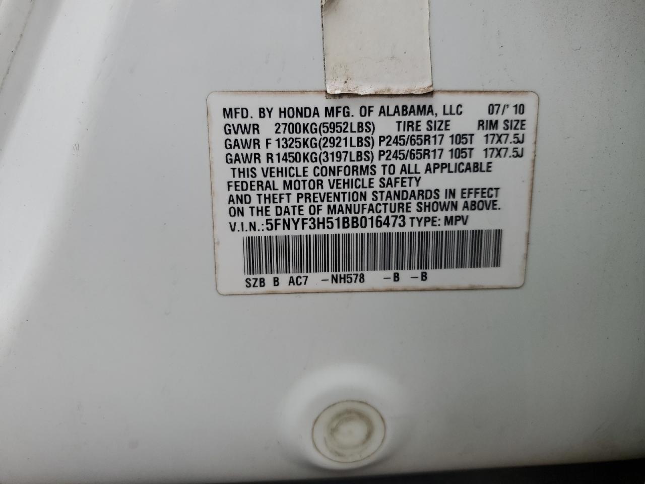 2011 Honda Pilot Exl VIN: 5FNYF3H51BB016473 Lot: 80398975