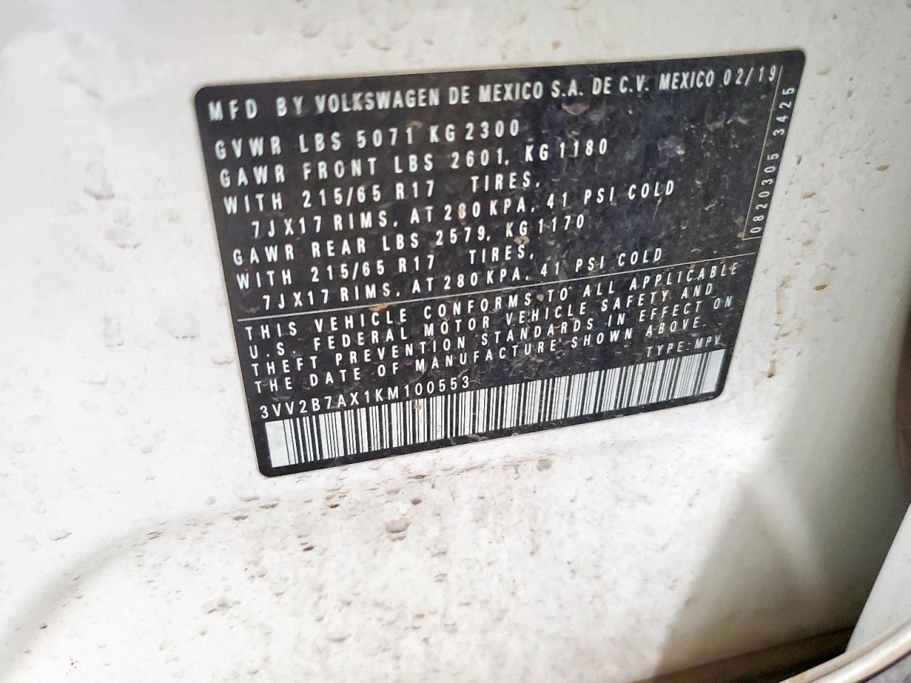 2019 Volkswagen Tiguan Se VIN: 3VV2B7AX1KM100553 Lot: 71679715