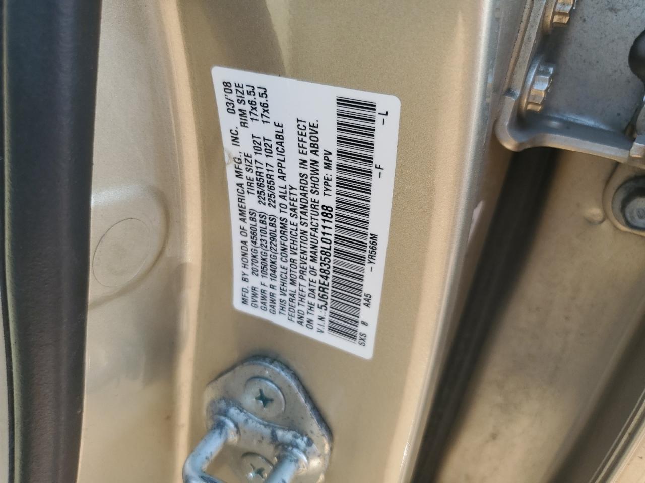 2008 Honda Cr-V Lx VIN: 5J6RE48358L011188 Lot: 84280245