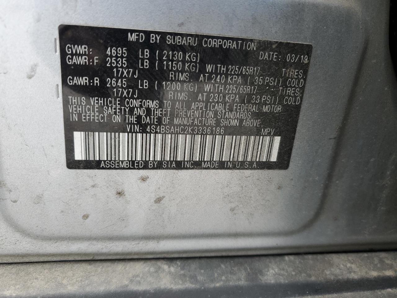 2019 Subaru Outback 2.5I Premium VIN: 4S4BSAHC2K3336186 Lot: 81893445