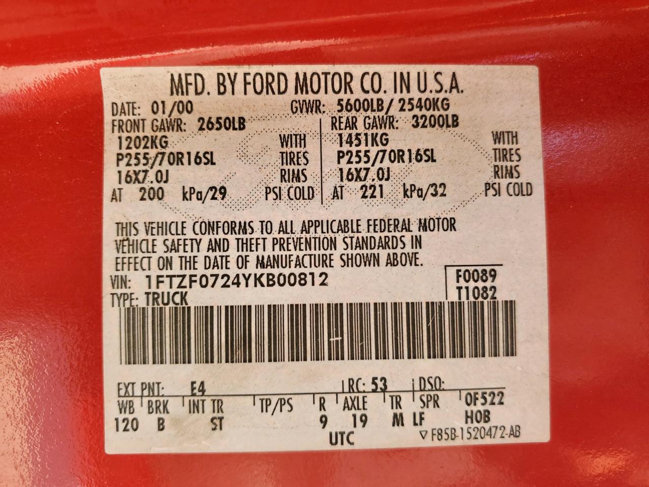 2000 Ford F150 VIN: 1FTZF0724YKB00812 Lot: 71547875