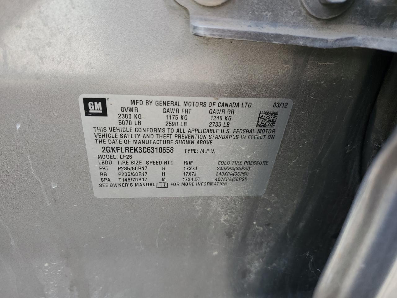 2012 GMC Terrain Sle VIN: 2GKFLREK3C6310658 Lot: 92366855