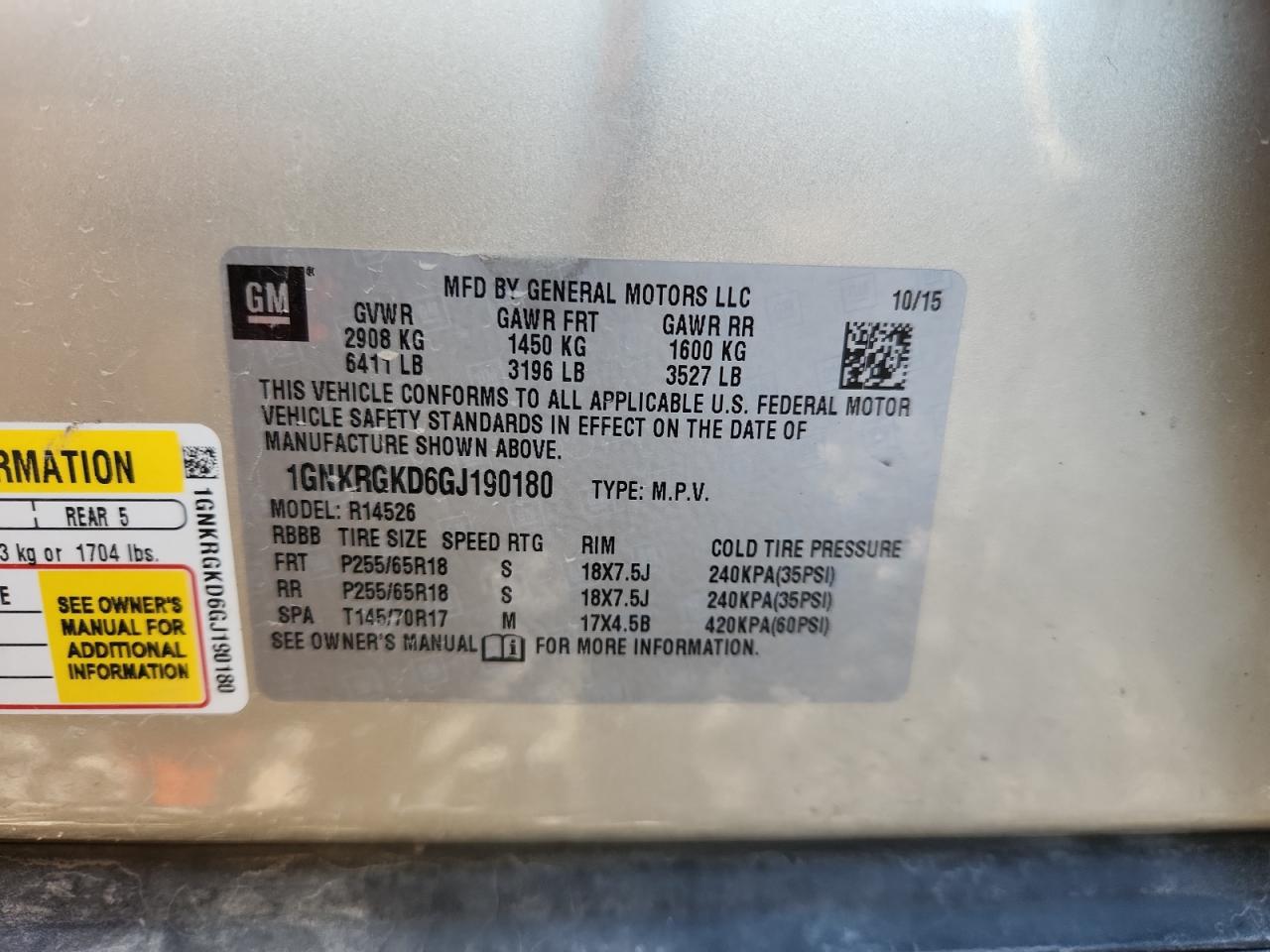 2016 Chevrolet Traverse Lt VIN: 1GNKRGKD6GJ190180 Lot: 81032375