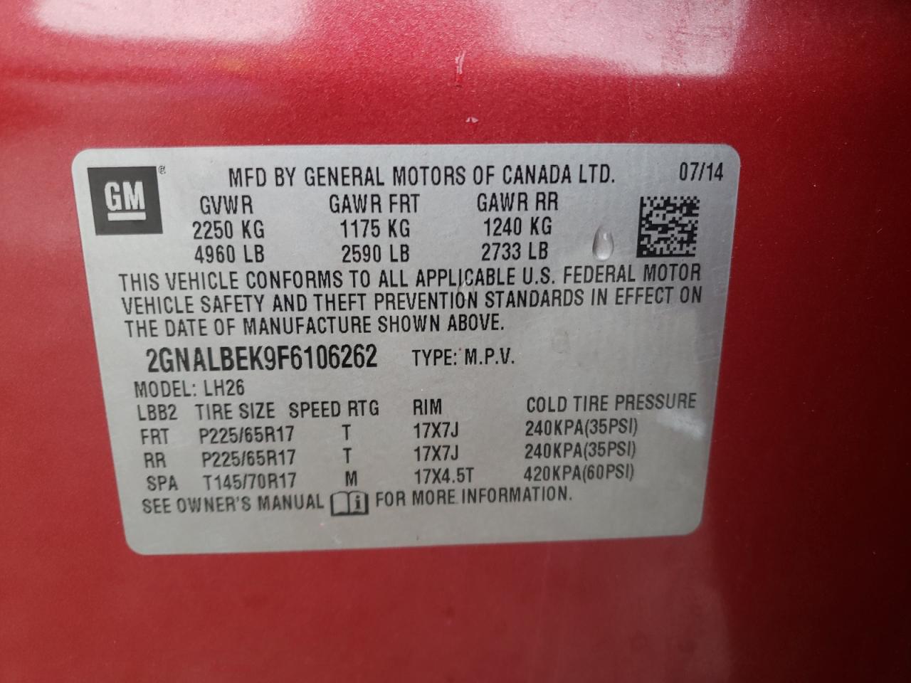 2015 Chevrolet Equinox Lt VIN: 2GNALBEK9F6106262 Lot: 83820555