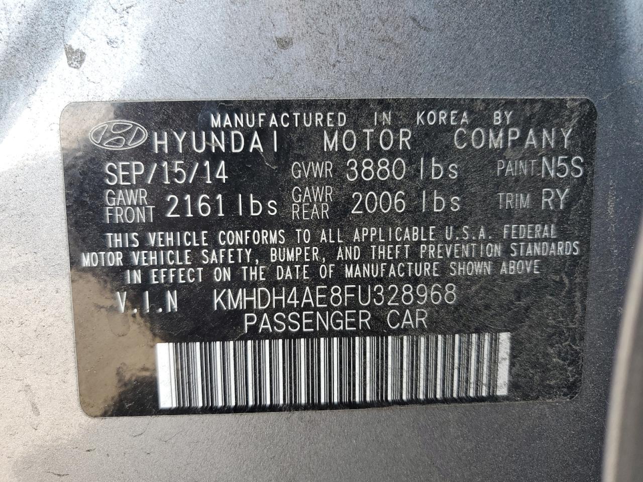 2015 Hyundai Elantra Se VIN: KMHDH4AE8FU328968 Lot: 80679825