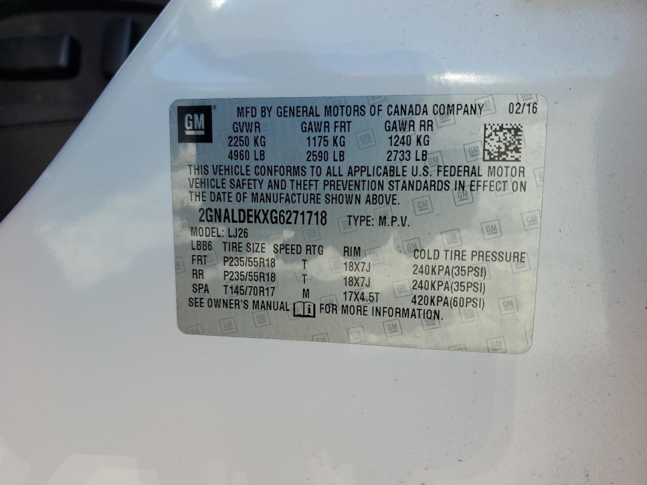 2016 Chevrolet Equinox Ltz VIN: 2GNALDEKXG6271718 Lot: 71217275