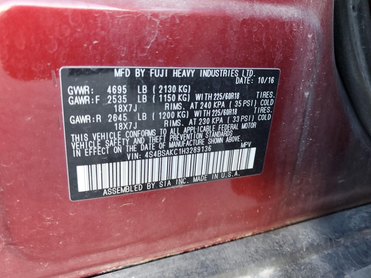 2017 Subaru Outback 2.5I Limited VIN: 4S4BSAKC1H3289136 Lot: 83957385