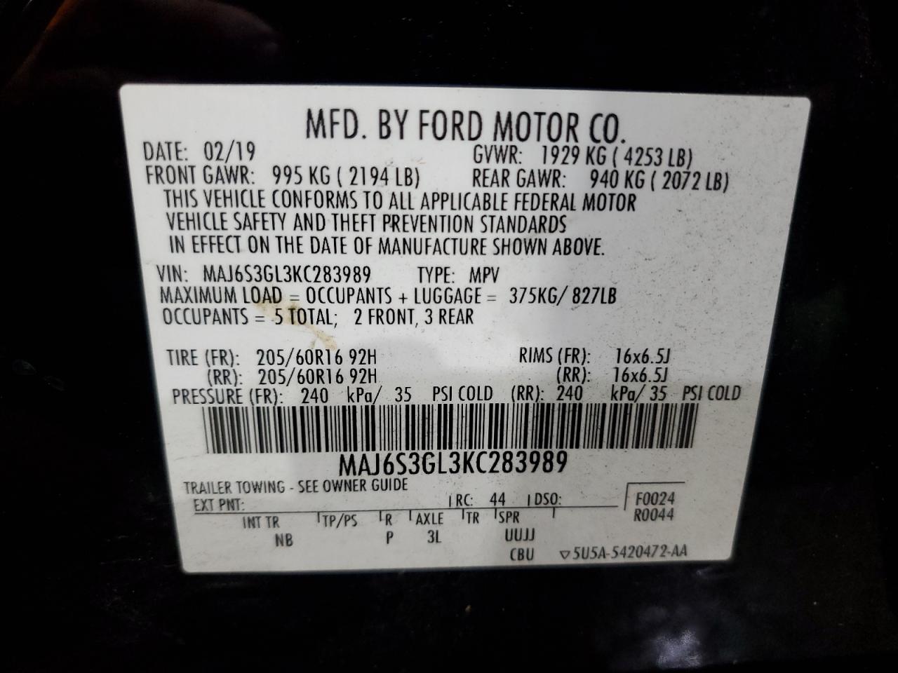 2019 Ford Ecosport Se VIN: MAJ6S3GL3KC283989 Lot: 84004435