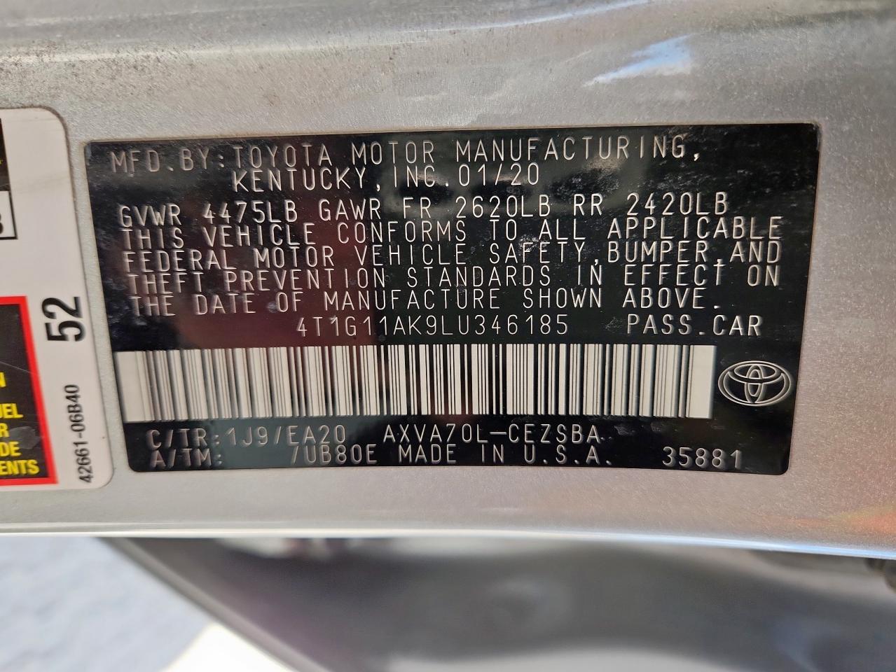 2020 Toyota Camry Se VIN: 4T1G11AK9LU346185 Lot: 81576385