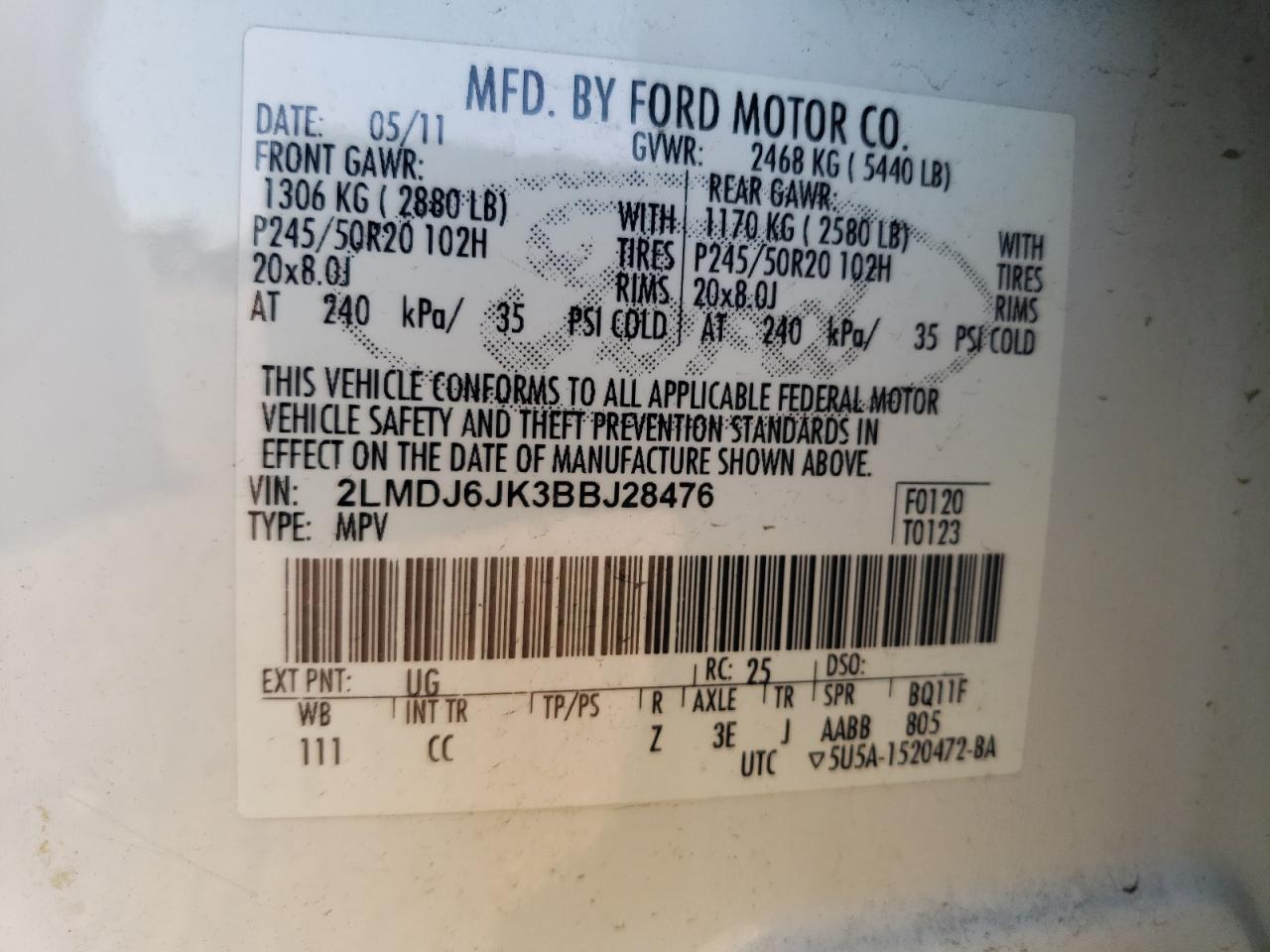 2011 Lincoln Mkx VIN: 2LMDJ6JK3BBJ28476 Lot: 81784515