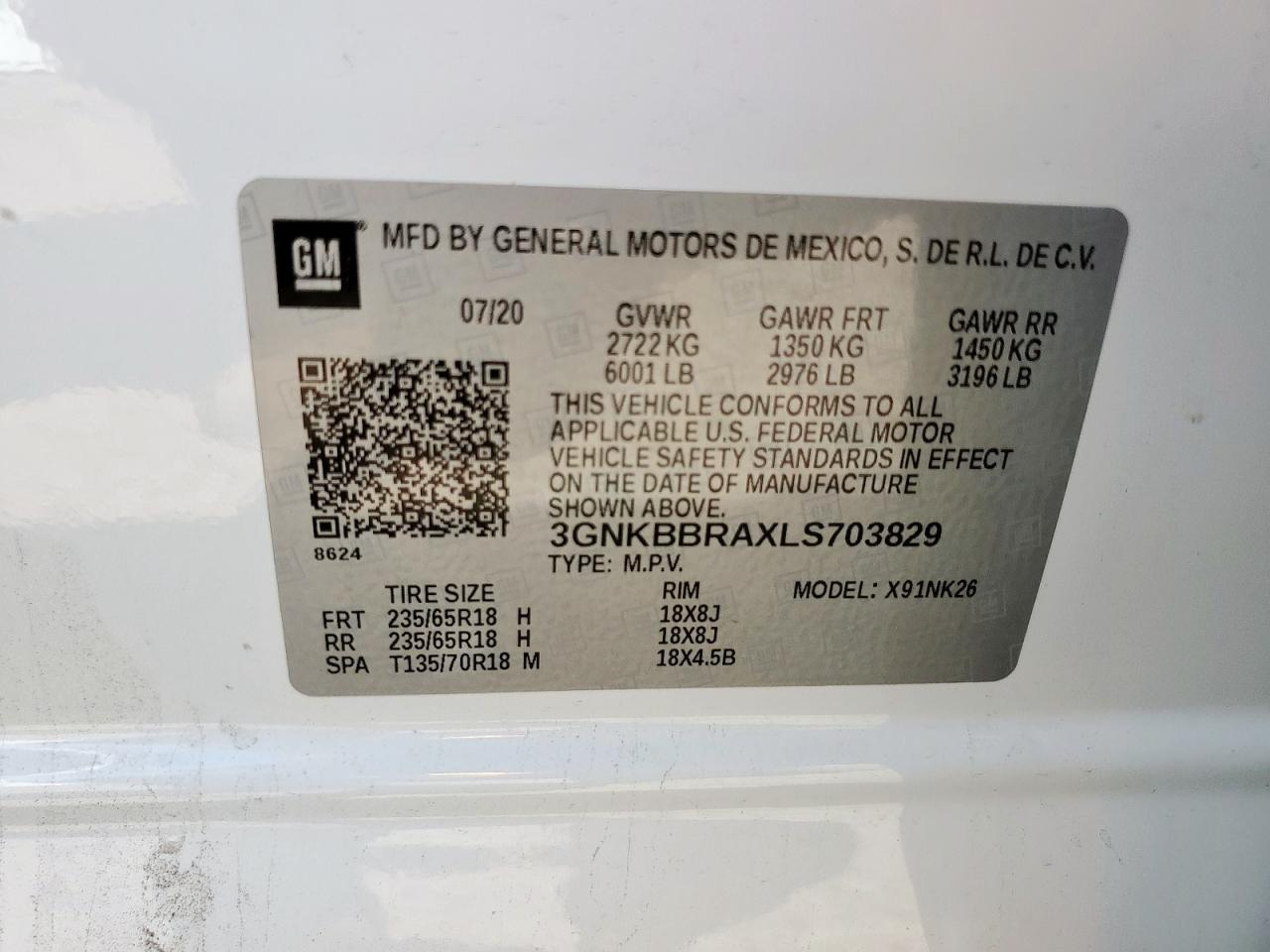 2020 Chevrolet Blazer 1Lt VIN: 3GNKBBRAXLS703829 Lot: 84212645