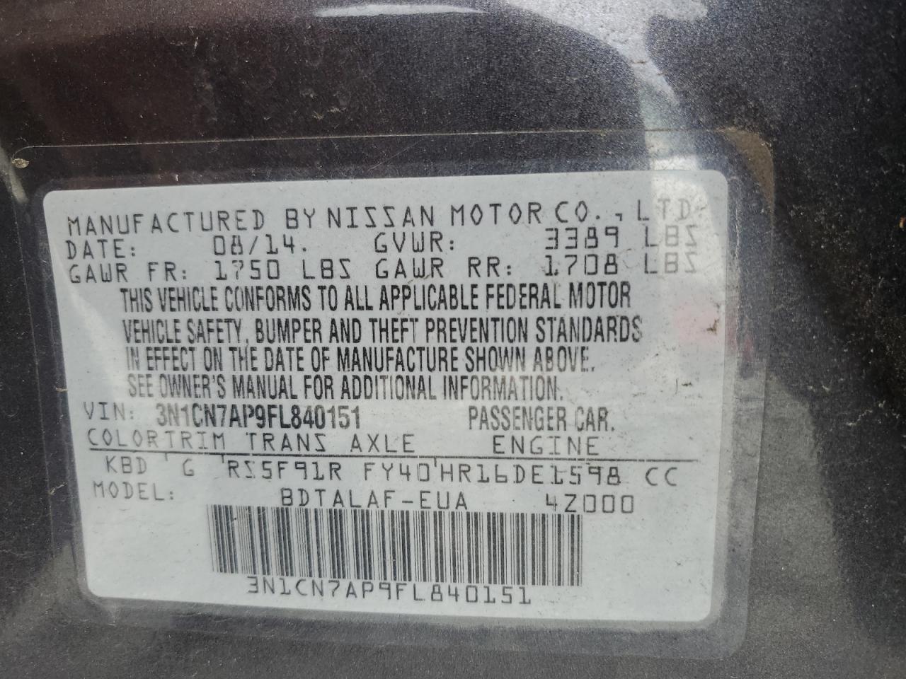 2015 Nissan Versa S VIN: 3N1CN7AP9FL840151 Lot: 80850735