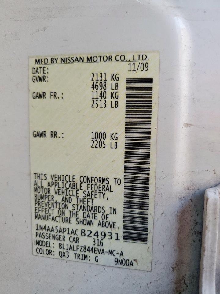 2010 Nissan Maxima S VIN: 1N4AA5AP1AC824931 Lot: 81663535