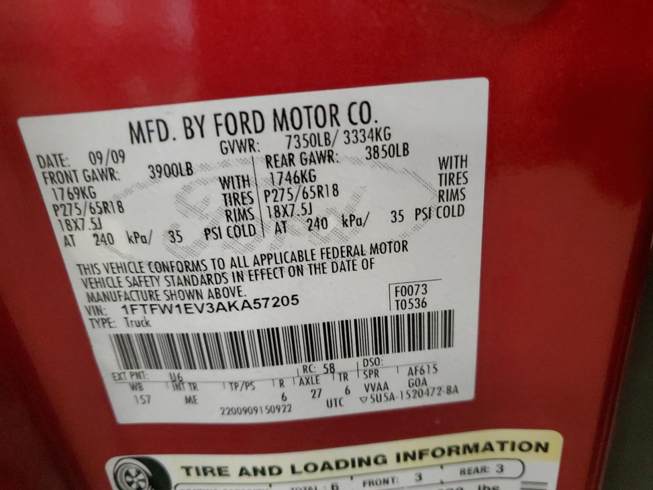 2010 Ford F150 Supercrew VIN: 1FTFW1EV3AKA57205 Lot: 84190975