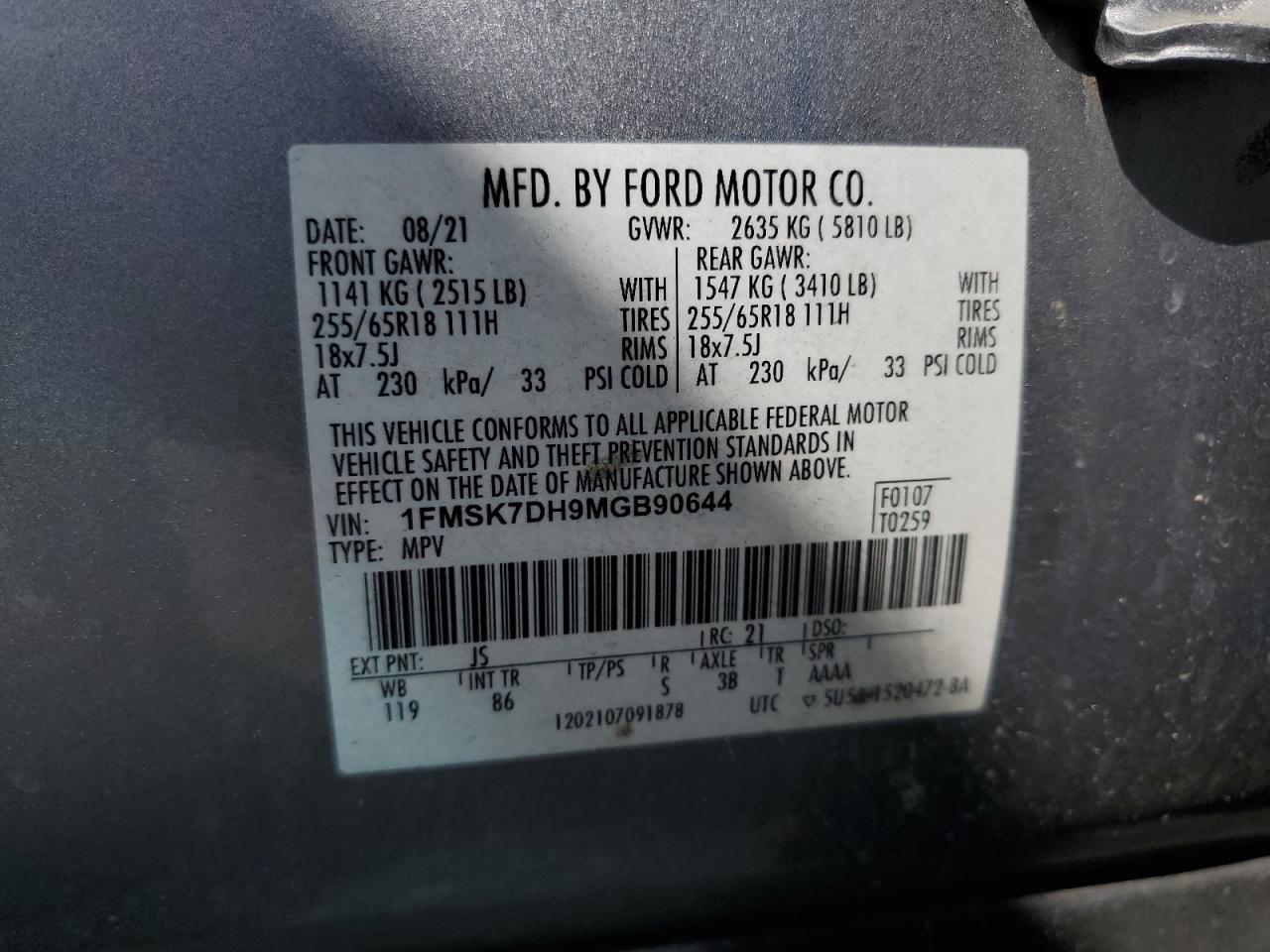 2021 Ford Explorer Xlt VIN: 1FMSK7DH9MGB90644 Lot: 70995255