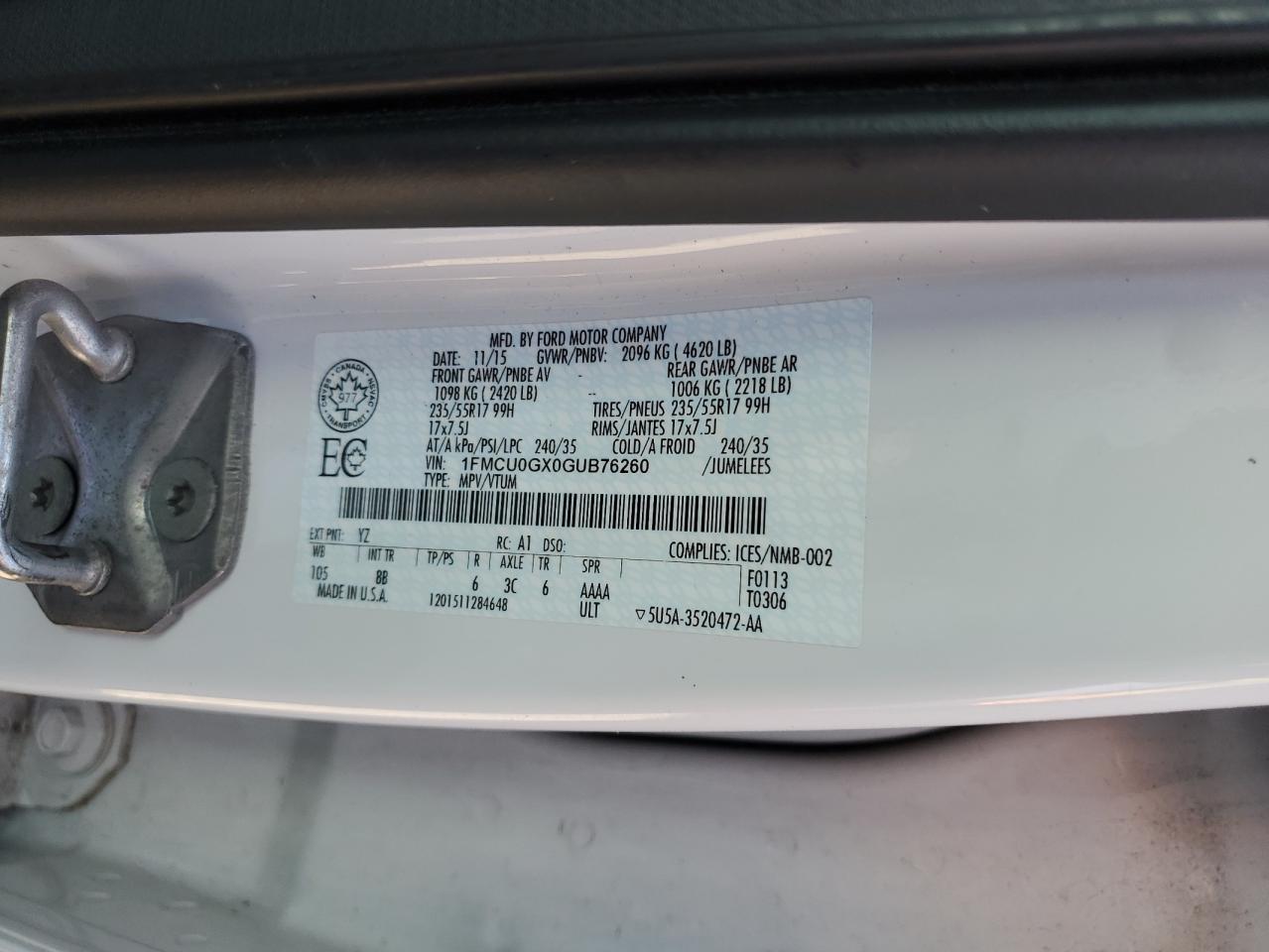 2016 Ford Escape Se VIN: 1FMCU0GX0GUB76260 Lot: 80008565