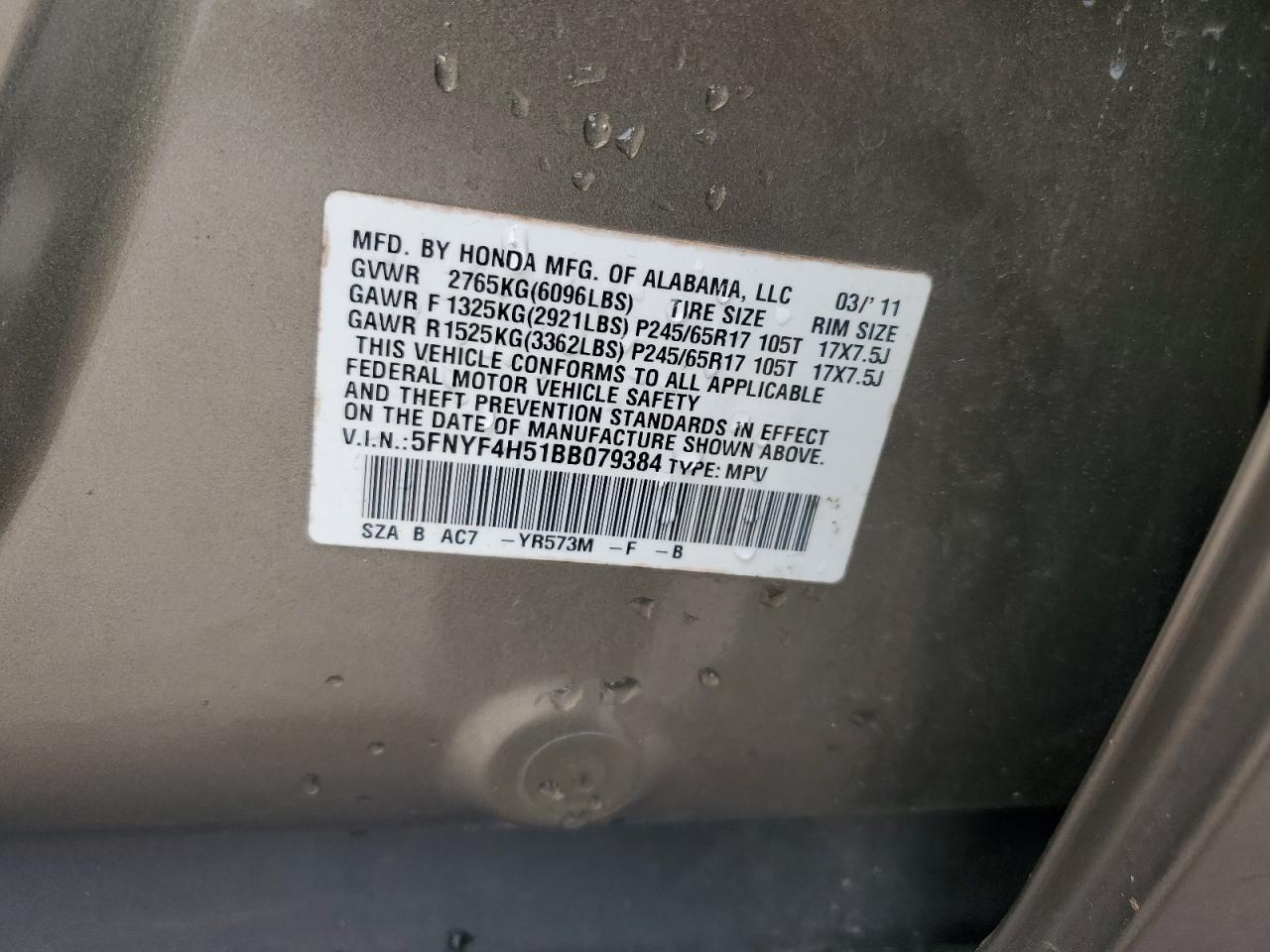 2011 Honda Pilot Exl VIN: 5FNYF4H51BB079384 Lot: 80477855