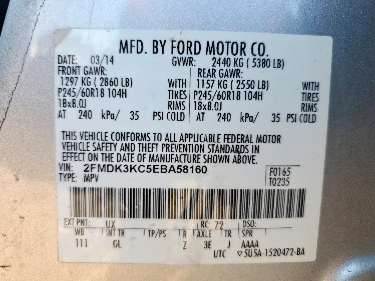 2014 Ford Edge Limited VIN: 2FMDK3KC5EBA58160 Lot: 81097225