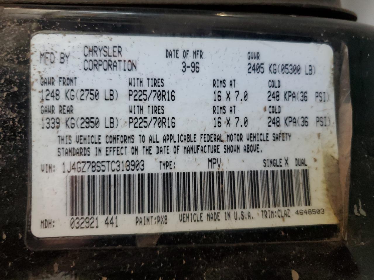 1996 Jeep Grand Cherokee Limited VIN: 1J4GZ78S5TC313903 Lot: 84010685