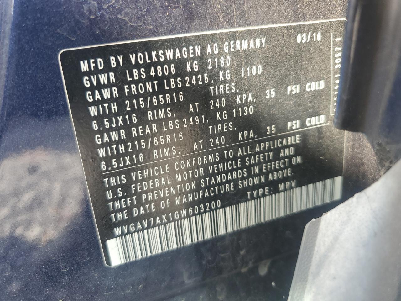 2016 Volkswagen Tiguan S VIN: WVGAV7AX1GW603200 Lot: 83816425