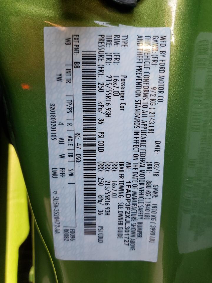 2018 Ford Focus Se VIN: 1FADP3F2XJL301727 Lot: 81096525