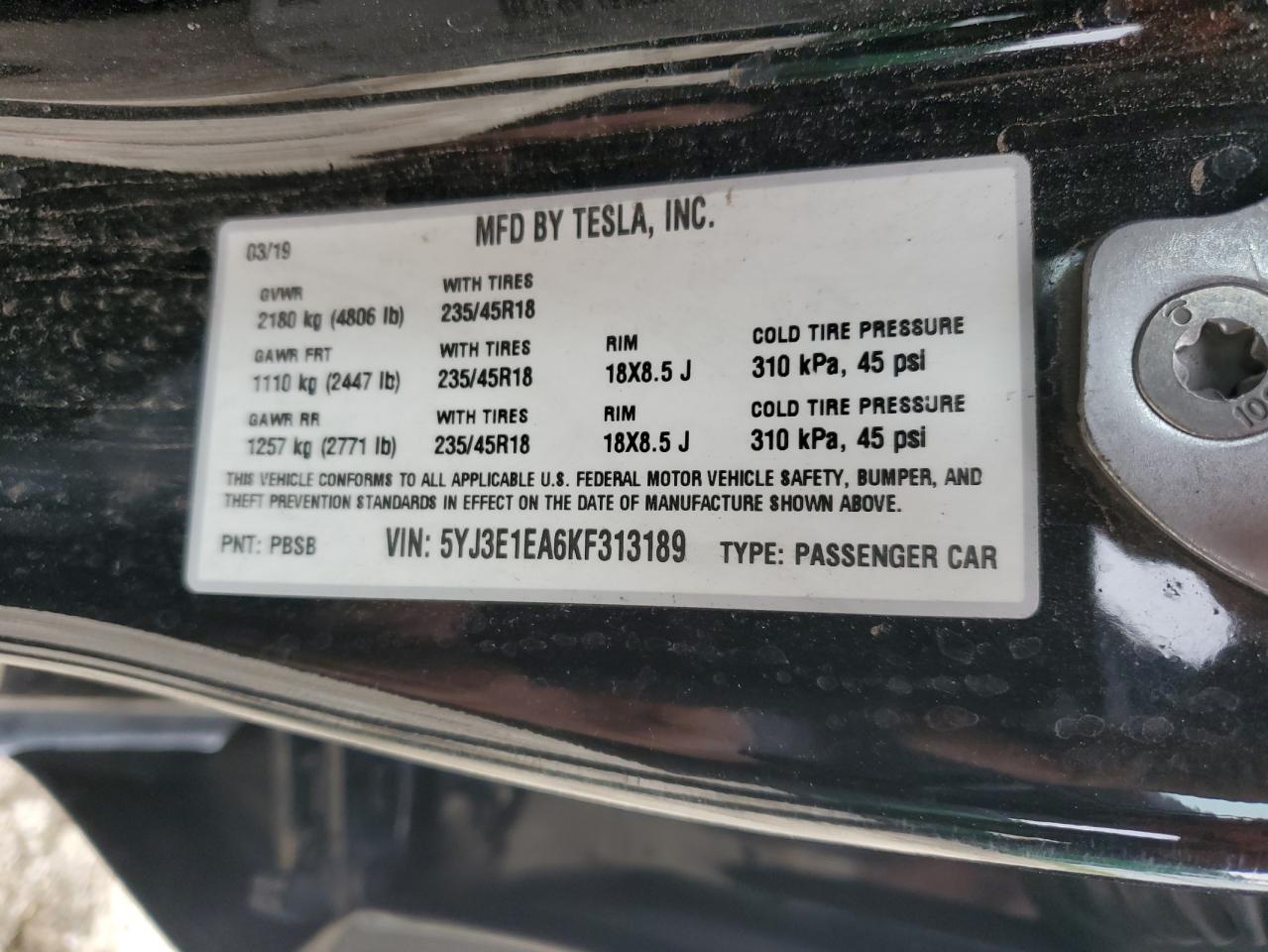 2019 Tesla Model 3 VIN: 5YJ3E1EA6KF313189 Lot: 83968795