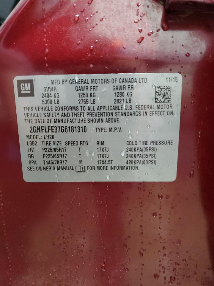 2016 Chevrolet Equinox Lt VIN: 2GNFLFE37G6181310 Lot: 84393745