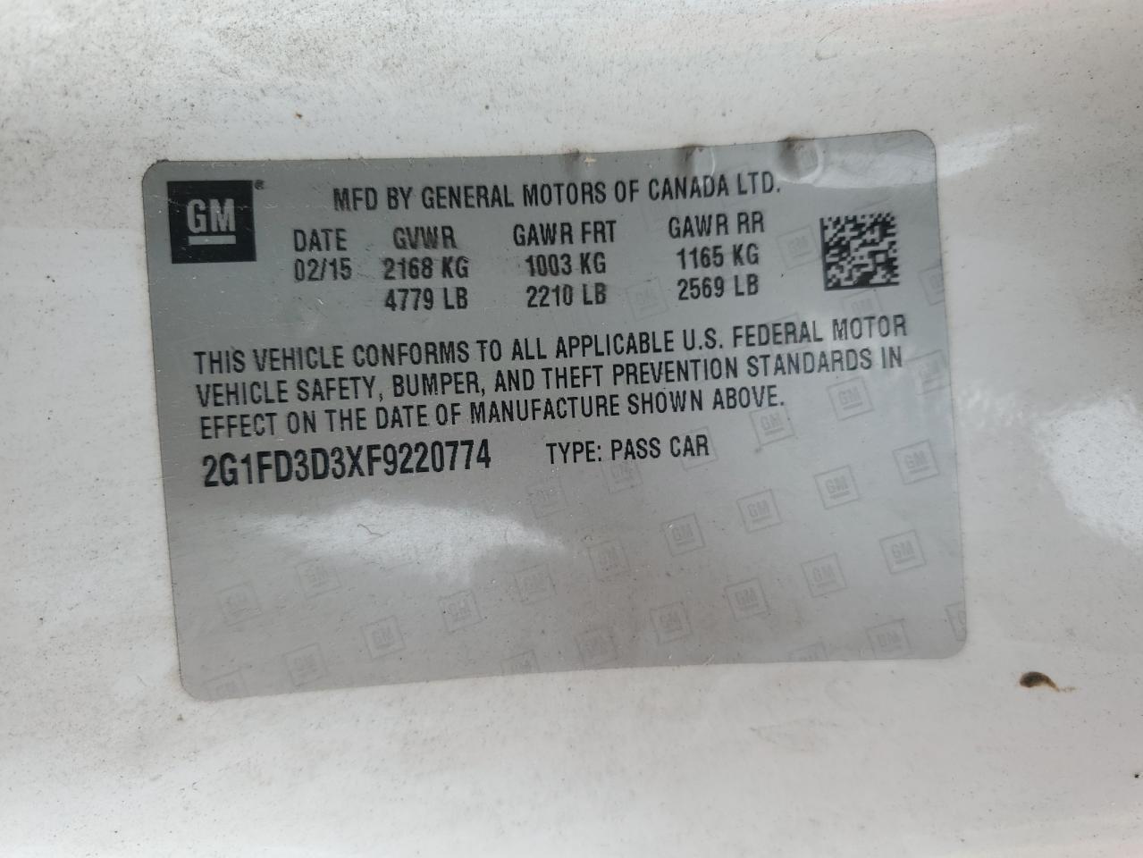 2015 Chevrolet Camaro Lt VIN: 2G1FD3D3XF9220774 Lot: 84196765