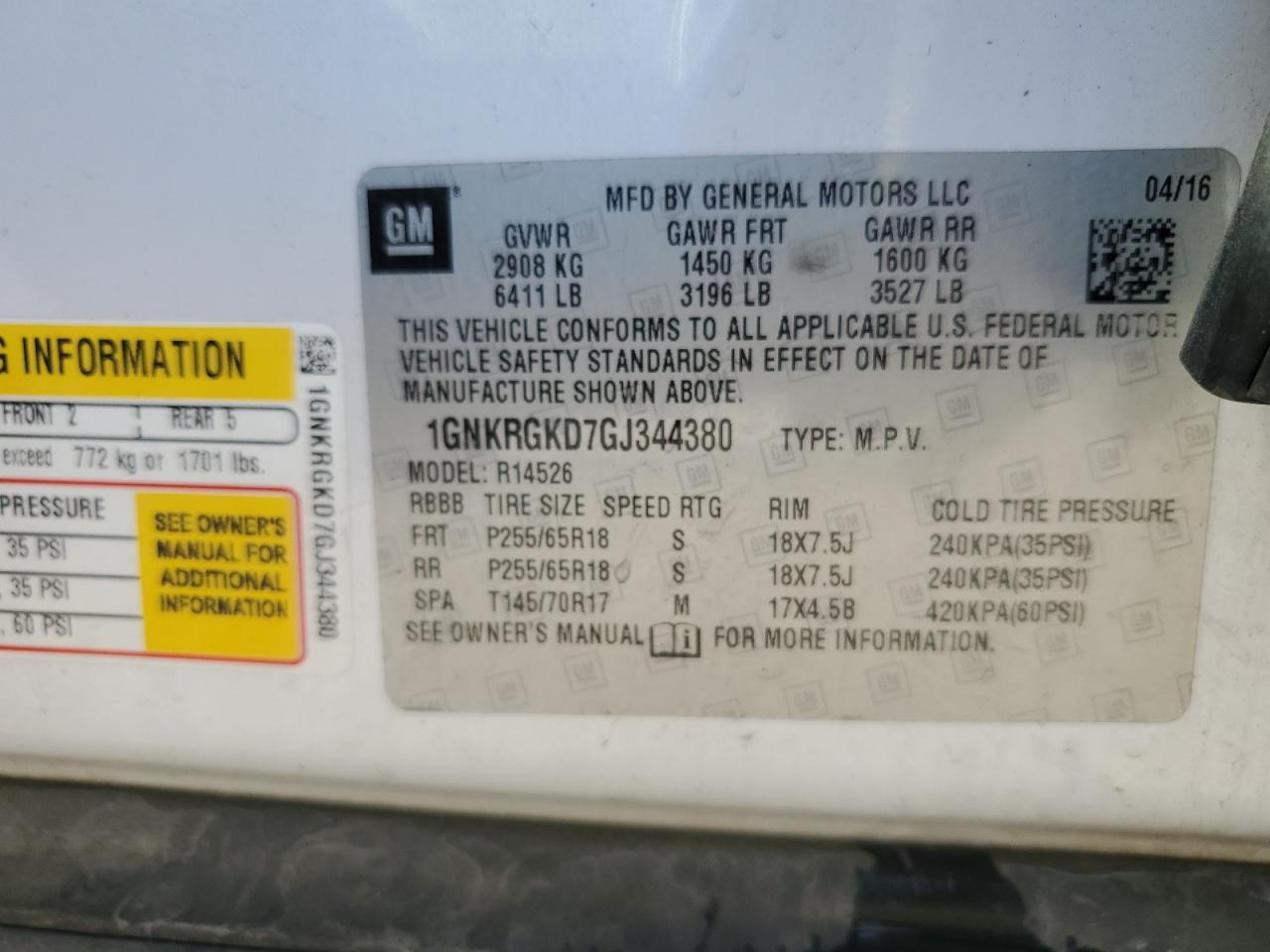 2016 Chevrolet Traverse Lt VIN: 1GNKRGKD7GJ344380 Lot: 81057905